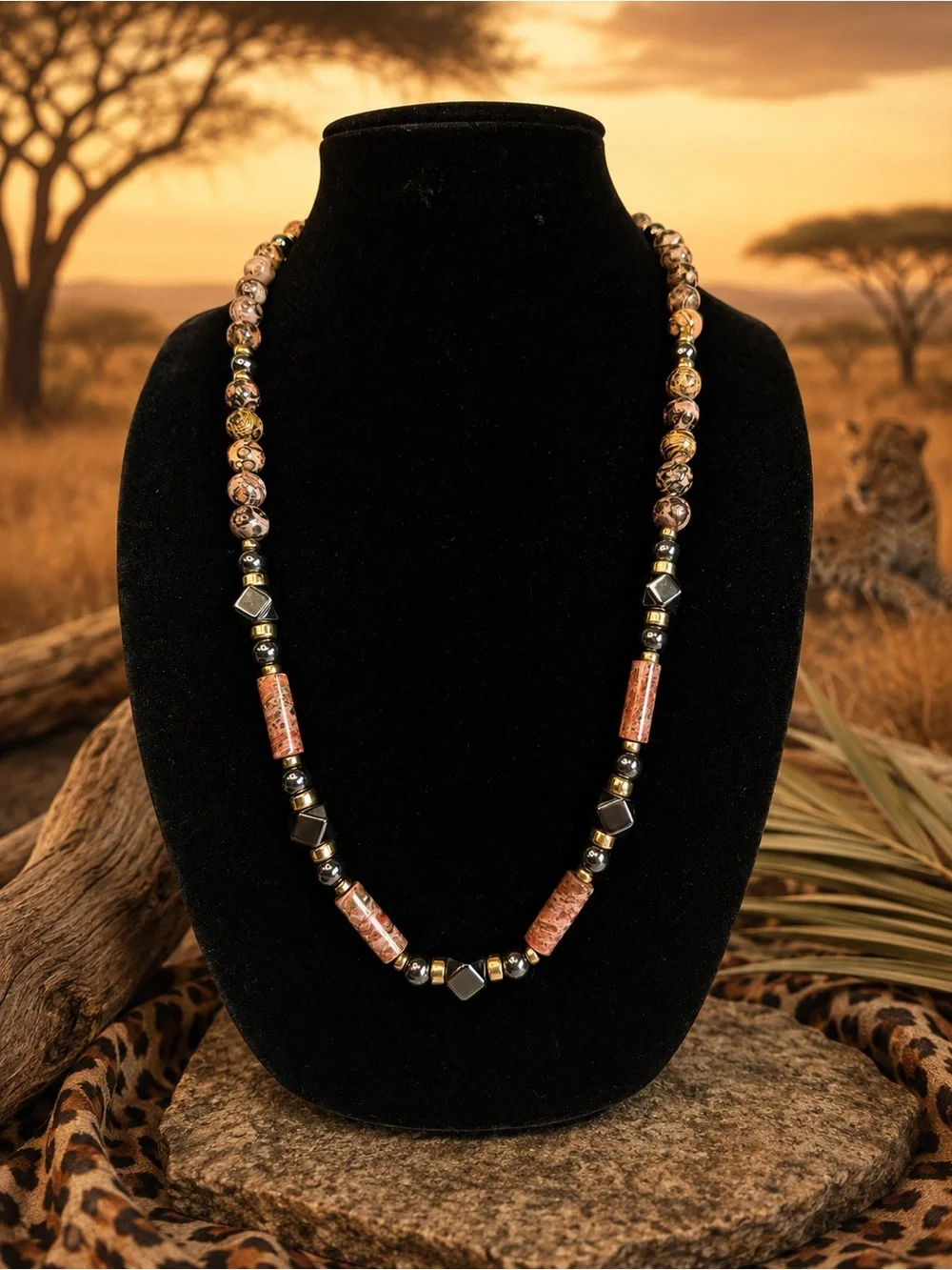 Leopard Skin Jasper with Hematite and Gold Plated Accents
